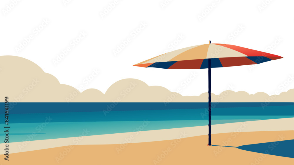 A colorful illustration of a beach with an umbrella. A colorful illustration of a beach with an umbrella.