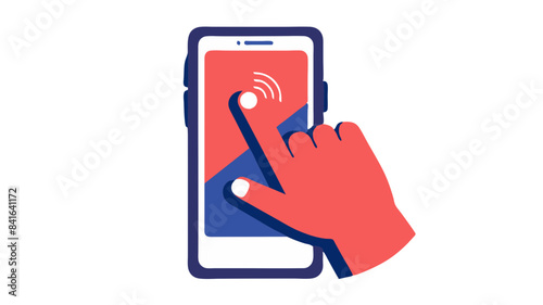 vector image of a hand interacting with a mobile phone for contactless payment.