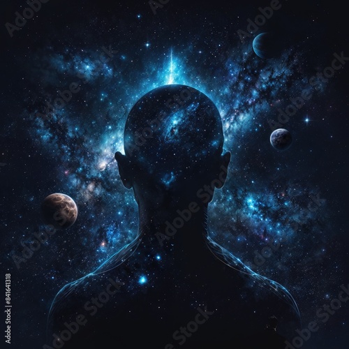 Silhouette of the back and head of a man, dark background with stars in space and a galaxy with planets and moon.