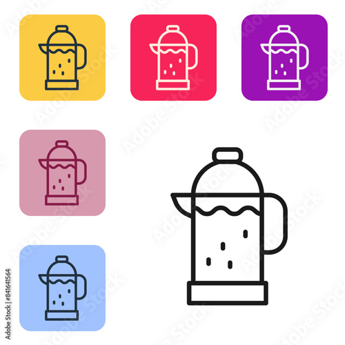 Black line French press icon isolated on white background. Set icons in color square buttons. Vector