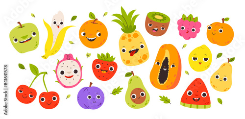 Cute fruits with faces set. Kids funny food character. Organic healthy food
