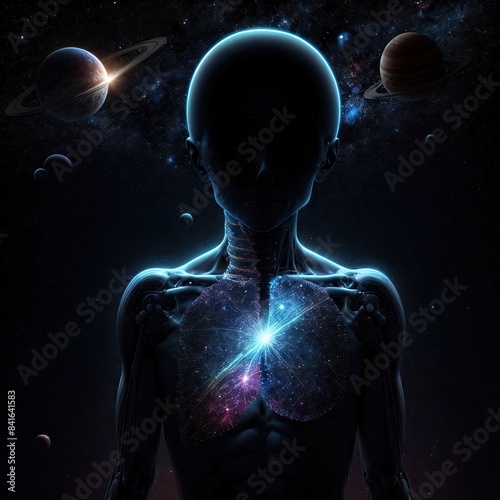 Silhouette of the back and head of a man, dark background with stars in space and a galaxy with planets and moon.