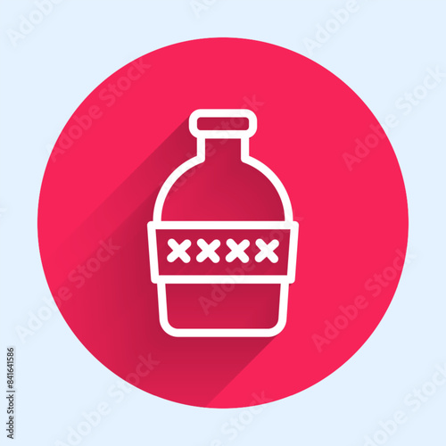 White line Bottle of water icon isolated with long shadow background. Soda aqua drink sign. Red circle button. Vector