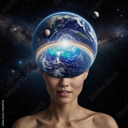 A woman with the planet earth inside her head, space background, hyper realistic photography
