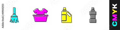 Set Feather broom, Basin with shirt, Bottle for cleaning agent and icon. Vector