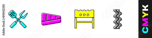Set Crossed fork and spatula, Steak meat, BBQ brazier and Bacon stripe icon. Vector