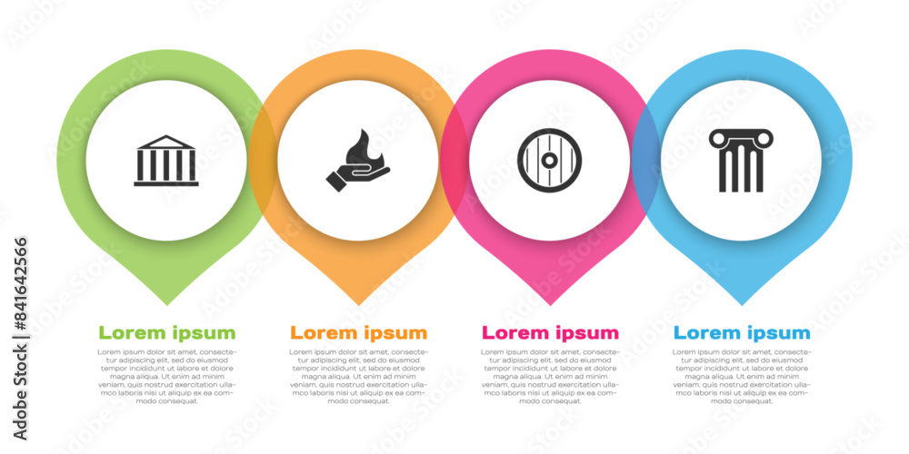 Set Parthenon, Hand holding fire, Greek shield and Ancient column. Business infographic template. Vector Set Parthenon, Hand holding fire, Greek shield and Ancient column. Business infographic template. Vector