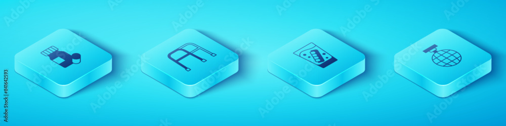 Set Isometric Medicine bottle and pills, Walker, Disco ball and False jaw glass icon. Vector Set Isometric Medicine bottle and pills, Walker, Disco ball and False jaw glass icon. Vector