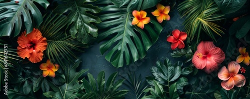Abstract background with vines and tropical flowers. Copy space. Banner