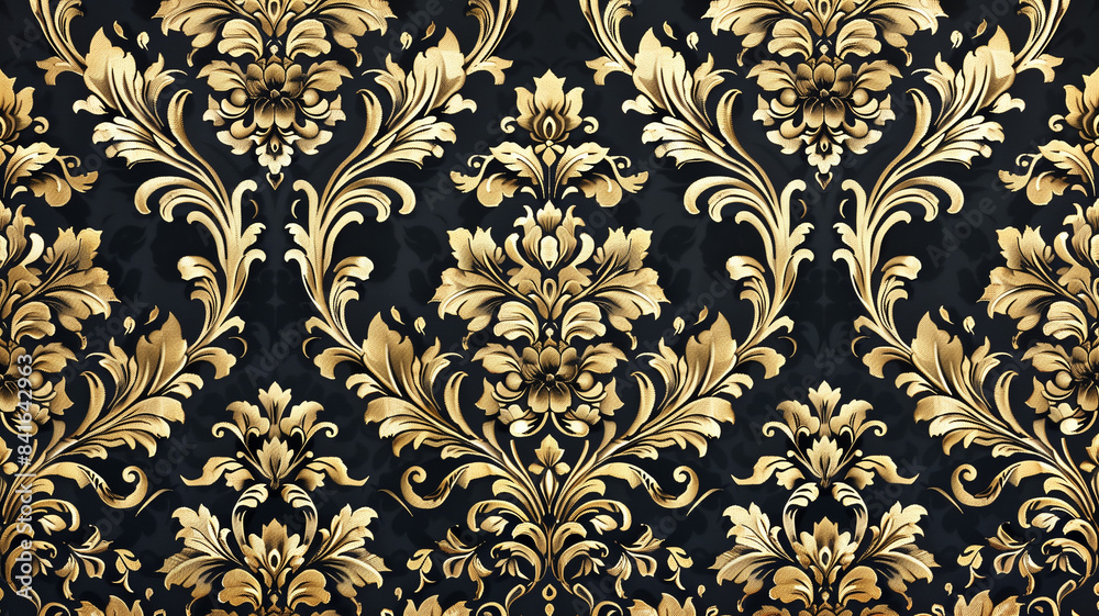 Intricate damask pattern in black with gold accents, evoking a sense of vintage elegance and sophistication. Intricate damask pattern in black with gold accents, evoking a sense of vintage elegance and sophistication.