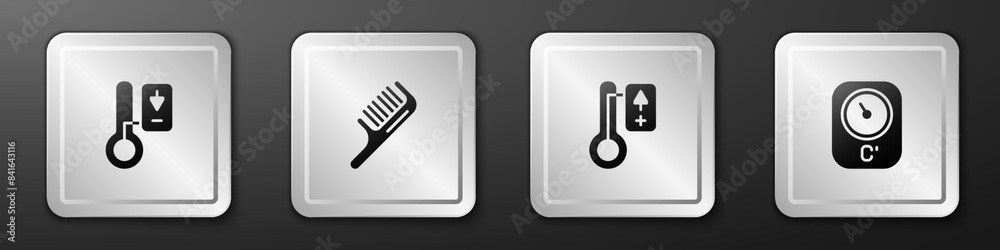 Set Sauna thermometer, Hairbrush, and icon. Silver square button. Vector Set Sauna thermometer, Hairbrush, and icon. Silver square button. Vector