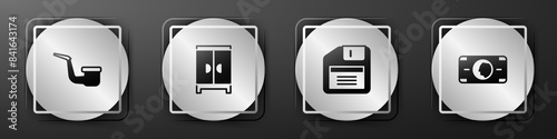 Set Smoking pipe, Wardrobe, Floppy disk and Stacks paper money cash icon. Silver square button. Vector