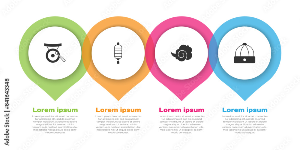 Set Gong musical instrument, Chinese paper lantern, Magic fog or smoke and hat. Business infographic template. Vector Set Gong musical instrument, Chinese paper lantern, Magic fog or smoke and hat. Business infographic template. Vector