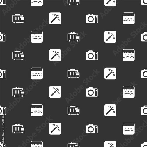 Set Photo camera, Soil ground layers, Mining dump truck and Pickaxe on seamless pattern. Vector