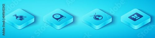 Set Isometric Ancient amphorae, Antique clock, Butterfly in frame and Locket on necklace icon. Vector