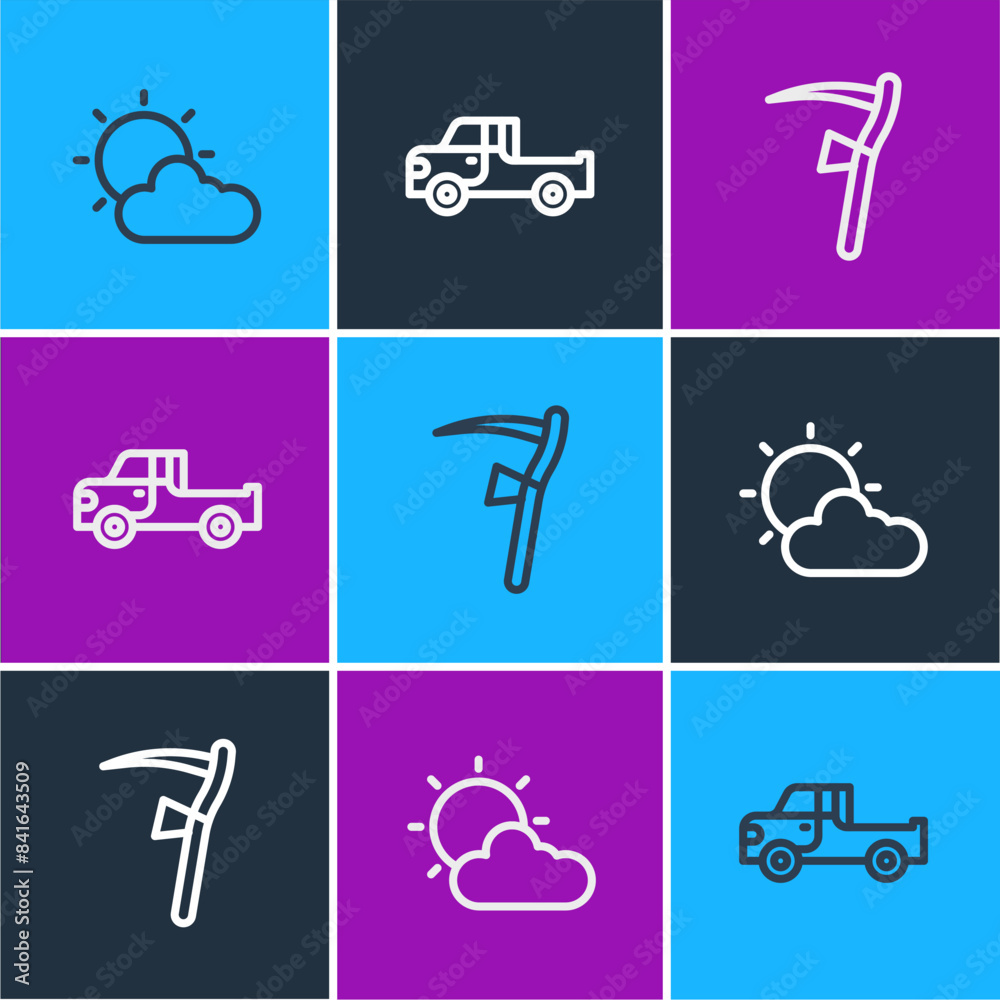 Set line Sun and cloud weather, Scythe and Pickup truck icon. Vector Set line Sun and cloud weather, Scythe and Pickup truck icon. Vector