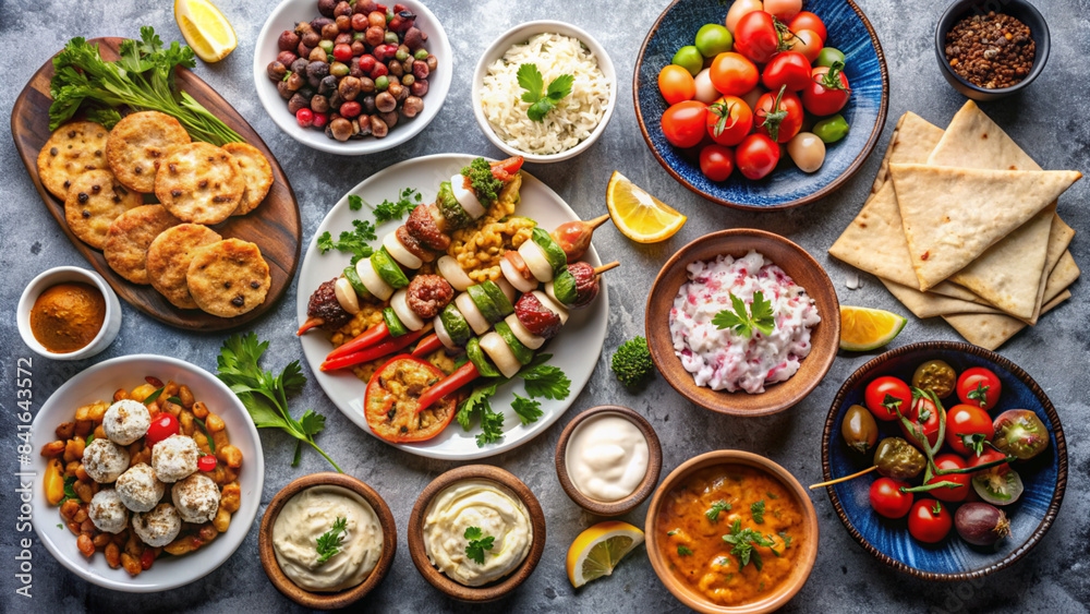 Fototapeta premium Greek food background. Meze, gyros, souvlaki, fish, pita, greek salad, tzatziki, assortment of feta, olives and meatballs. Traditional different greek dishes set. on a grey background. Top view.