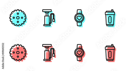 Set line Smart watch, Bicycle sprocket crank, air pump and Sport bottle with water icon. Vector