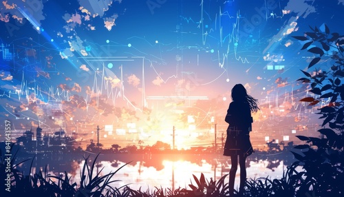 Anime girl in Japanese style standing by a lake with a bright sky, stock market trends overlay, high contrast, perfect for business and finance themes