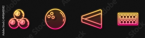 Set line Billiard triangle, ball, Bowling and balls on stand. Glowing neon icon. Vector