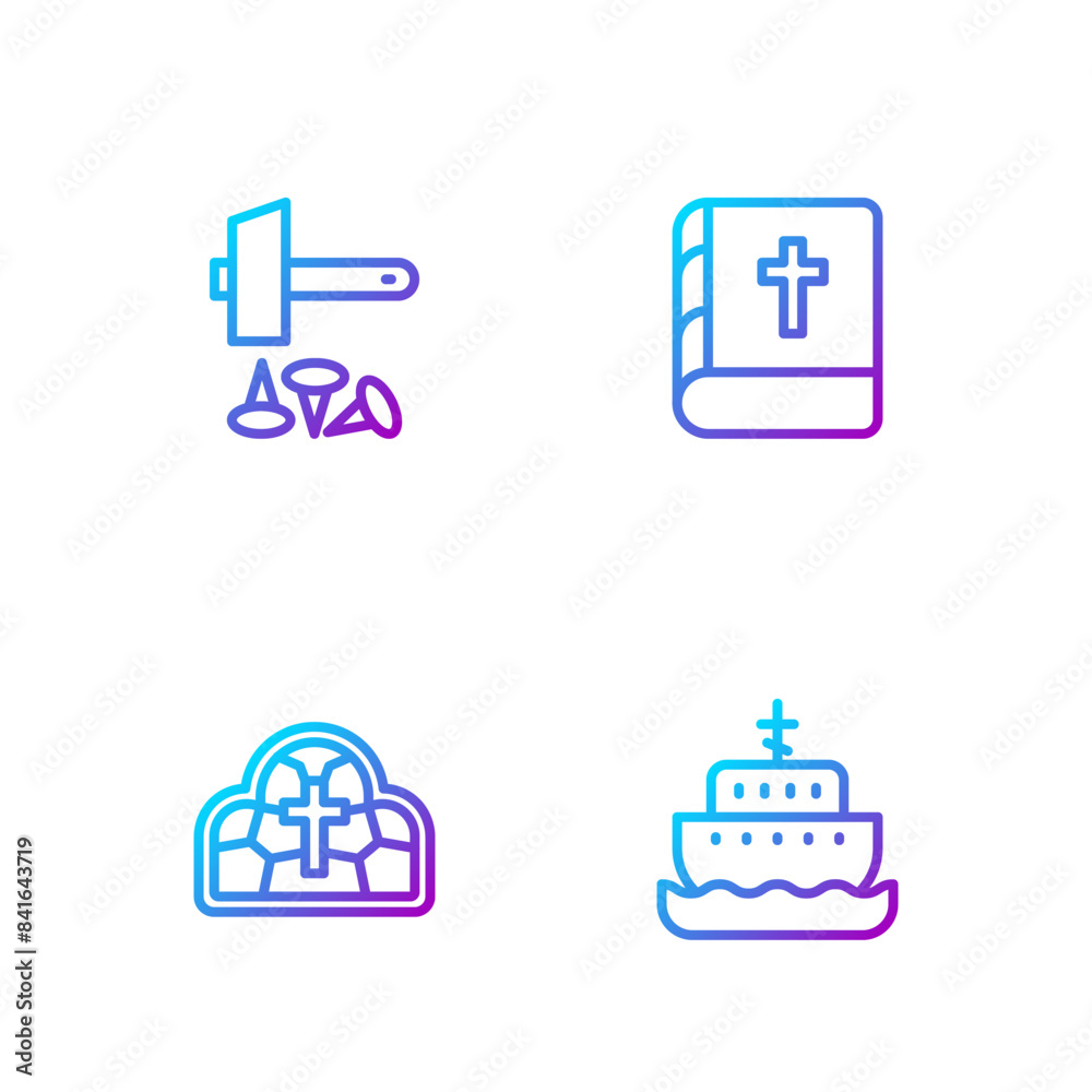 Set line Ark of noah, Stained glass, Crucifixion Jesus Christ and Holy bible book. Gradient color icons. Vector Set line Ark of noah, Stained glass, Crucifixion Jesus Christ and Holy bible book. Gradient color icons. Vector