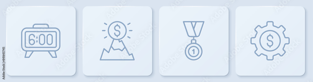Set line Digital alarm clock, Medal, Mountains with flag and Gear dollar. White square button. Vector