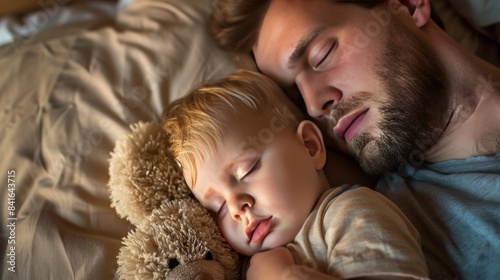 Father and young child sleeping together with a teddy bear. Heartwarming family moment.