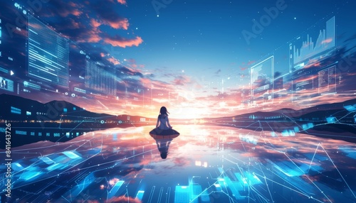 Charming anime girl by a lake with a vibrant sky, stock market chart overlay, white background, perfect for professional and creative financial content © kitidach