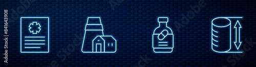 Set line Medicine bottle and pills, Patient record, Power station plant and Height geometrical figure. Glowing neon icon on brick wall. Vector