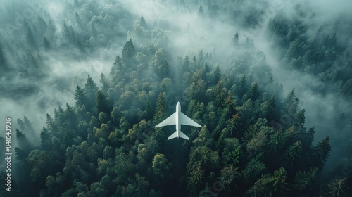 Aerial View of Airplane Flying Above Misty Forest photo
