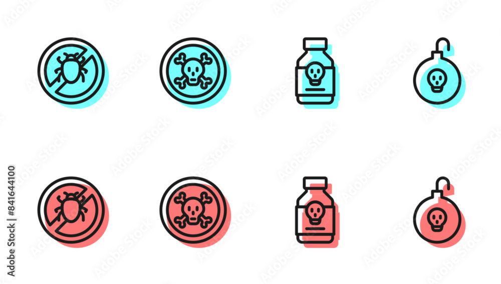 Fotografi Set line Poisoned pill, Stop colorado beetle, Bones and skull and Nuclear bomb icon