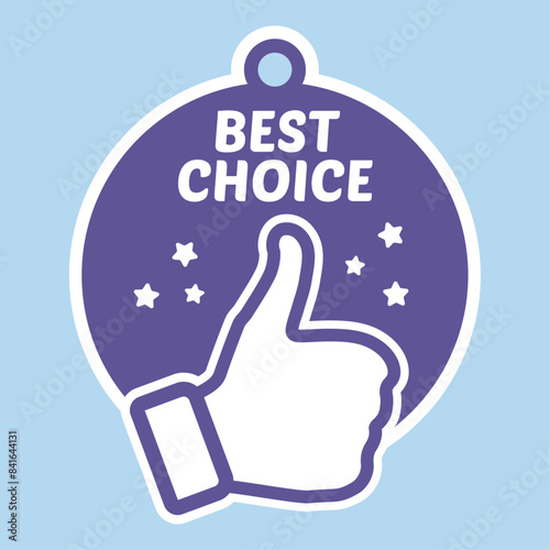 Best choice badge with hole on it. Best choice purple label with thumbs up. Vector illustration photo