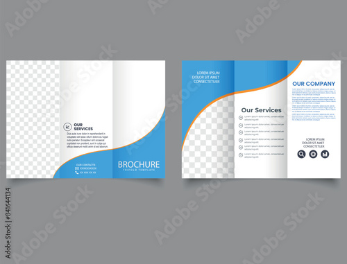 Tri fold brochure with blue waves. Flyer for printing. Modern, Creative Professional fold brochure vector design.