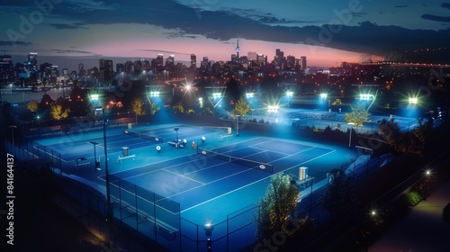Aerial View of Illuminated Olympic Tennis Court with City Skyline at Night - Stock Photo for Sports and Urban Themes © spyrakot