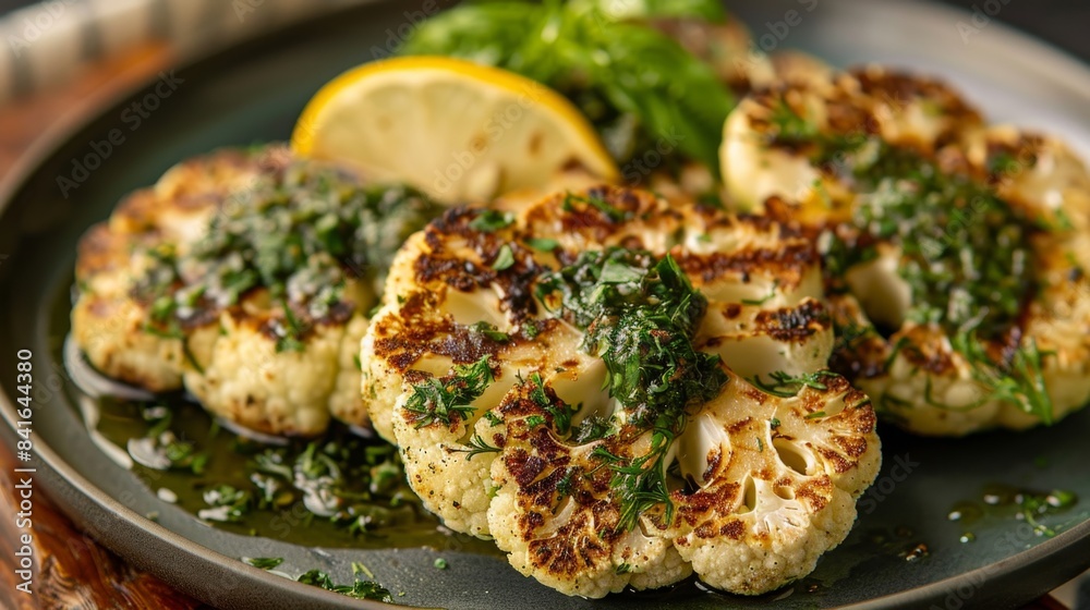 Cauliflower Steaks with Lemon Herb Sauce. Golden Roasted Cauliflower Steaks with Herb Sauce Cauliflower Steaks with Lemon Herb Sauce. Golden Roasted Cauliflower Steaks with Herb Sauce