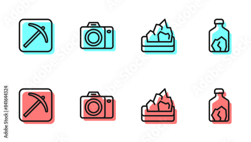 Set line Ore mining, Pickaxe, Photo camera and icon. Vector