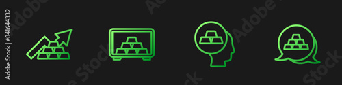 Set line Gold bars, Growth arrow with gold, Safe and . Gradient color icons. Vector