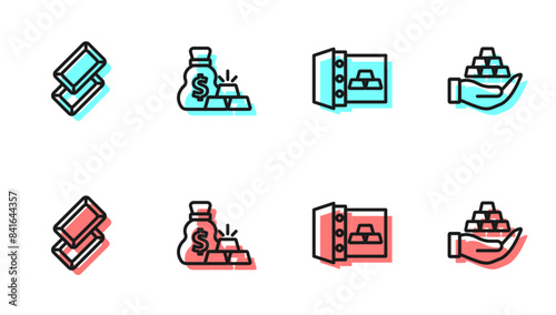 Set line Safe with gold bars, Gold, Bag of and in hand icon. Vector