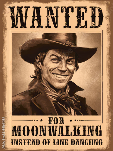 A wanted poster featuring a grinning cowboy. Text reads: 