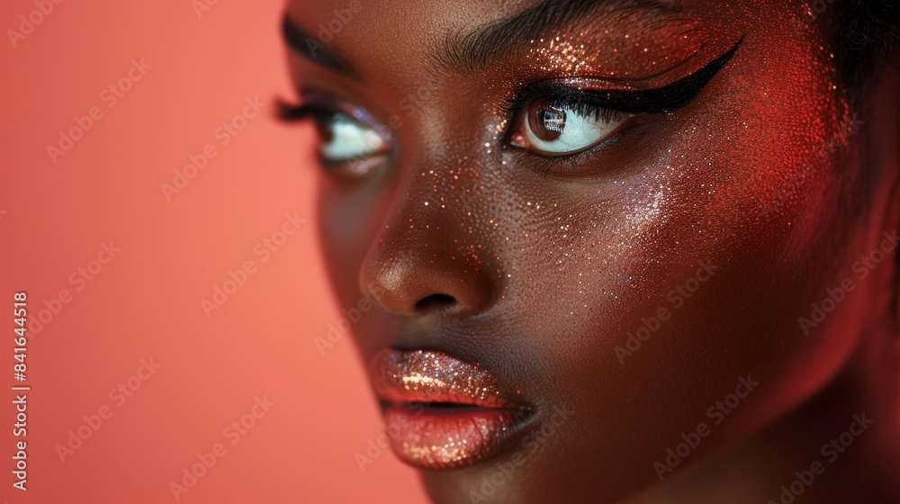 Close-up of Glittery Makeup on Freckled Face Close-up of Glittery Makeup on Freckled Face
