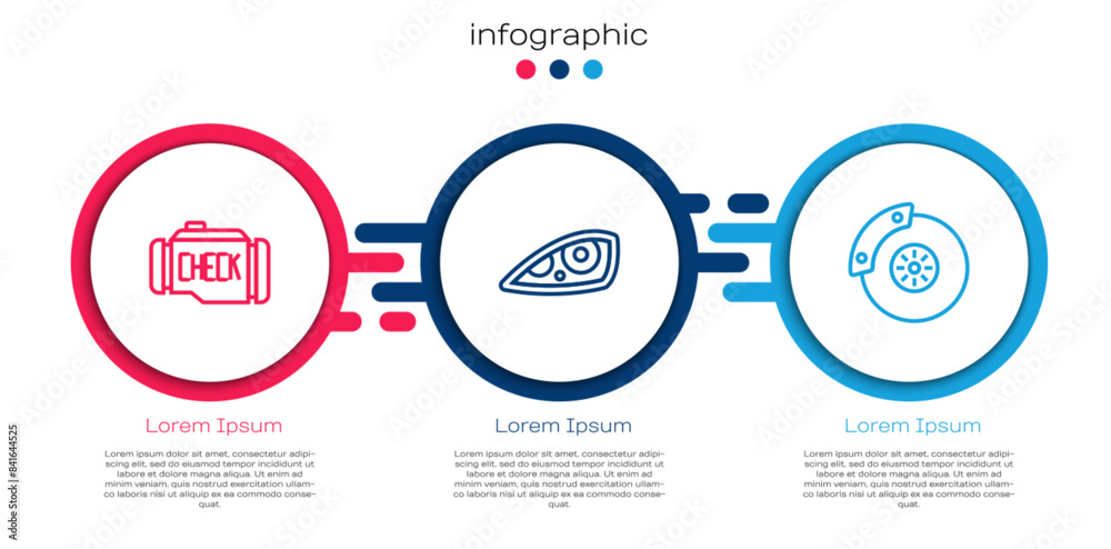 Set line Check engine, Car headlight and brake disk with caliper. Business infographic template. Vector Set line Check engine, Car headlight and brake disk with caliper. Business infographic template. Vector