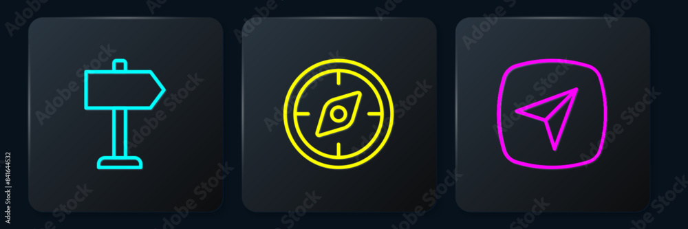 Set line Road traffic sign, City map navigation and Compass. Black square button. Vector Set line Road traffic sign, City map navigation and Compass. Black square button. Vector