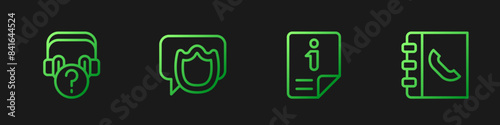 Set line Information, Headphones with question, Speech bubble chat and Phone book. Gradient color icons. Vector