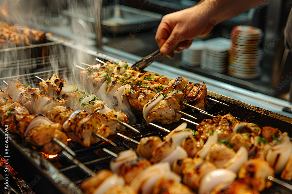 Naklejka premium Grilling Chicken Kebabs on Barbecue Grill with Smoke