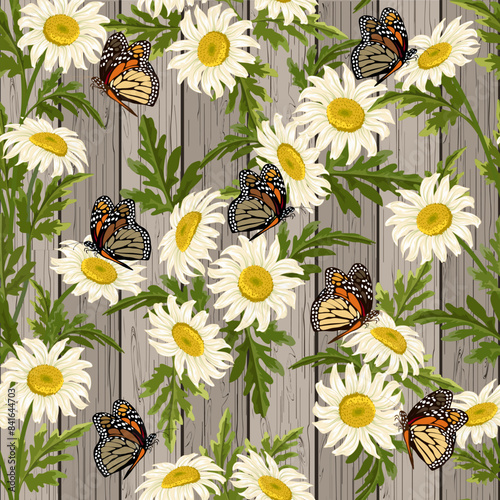 Wooden background with camomiles and butterflies.Bouquets of daisies and bright butterflies on a wooden background in a seamless vector pattern.