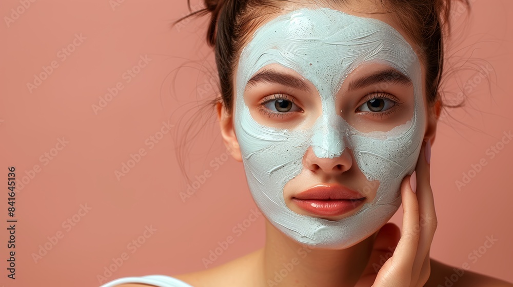 Young Woman Applying Blue Face Mask Against Pink Background Young Woman Applying Blue Face Mask Against Pink Background