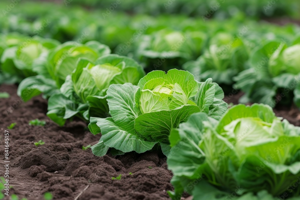 Lush green cabbage plants growing in rich garden soil, displaying vibrant leaves and healthy growth Lush green cabbage plants growing in rich garden soil, displaying vibrant leaves and healthy growth