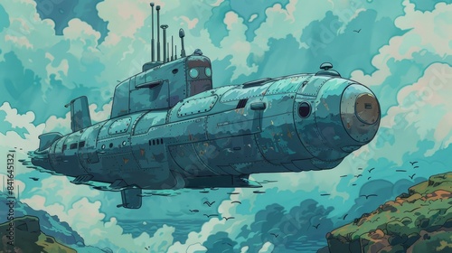A cartoon depicts a solo fishing submarine in a solitary setting photo