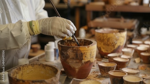A conservator carefully cleans and conserves ancient pottery in a museum workshop photo