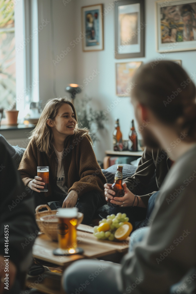 Young woman sit on the sofa drink beer and watch football match Young woman sit on the sofa drink beer and watch football match